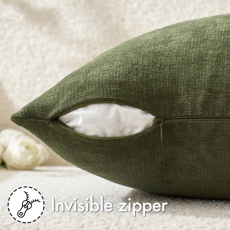 MIULEE أغطية وسائد باللون الأخضر الزيتوني 18x18 بوصة، مجموعة من 2 أغطية وسائد زخرفية ناعمة من الشنيلا مربعة الشكل للكنبة وغرفة المعيشة والسرير - Image 5